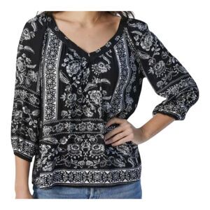 Bila BOHO Peasant Blouse Top XL Black White Floral 3/4 Sleeve Anthro